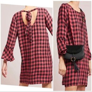 Cloth & Stone Sz S Red Black Buffalo Plaid Checkered Tunic Dress Bell Sleeve